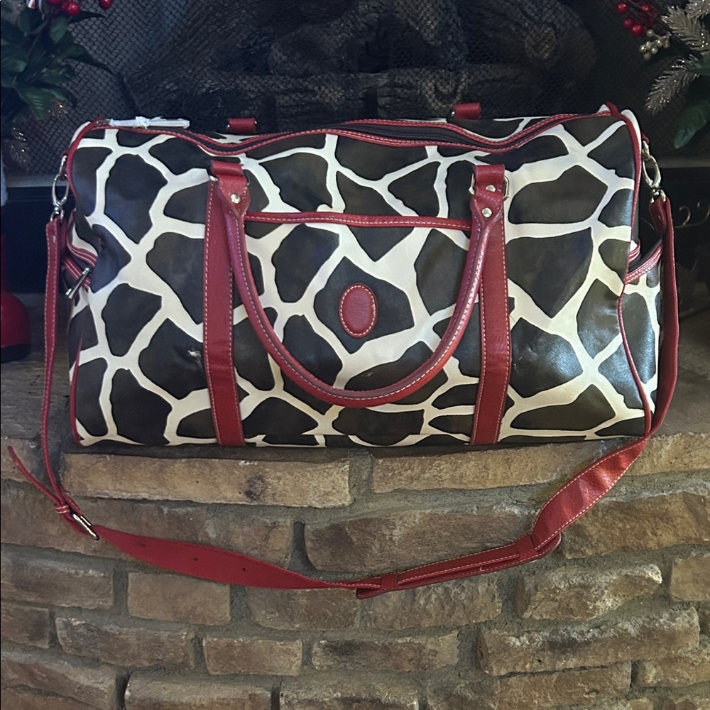 Giraffe Print Duffel Bag with Red Accents